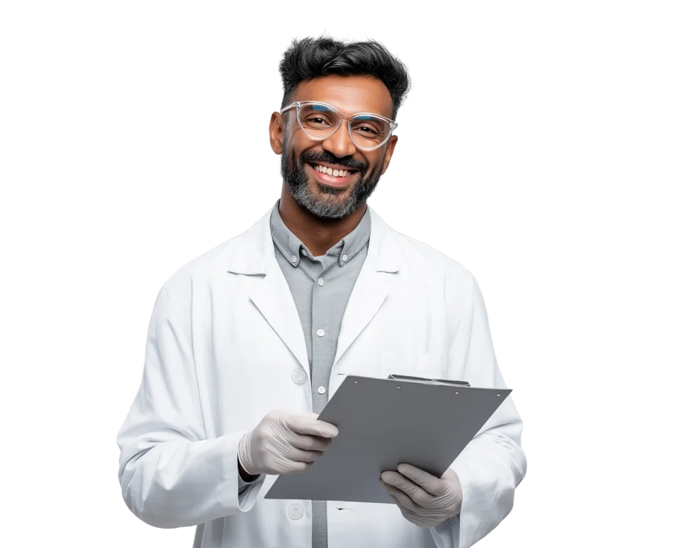 A Sri lankan male employee wear a white lab coat with file pad