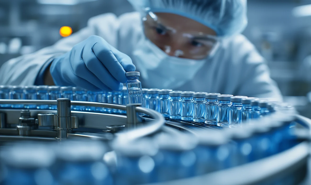 A lab technician in protective clothing inspects glass vials filled with blue liquid on an automated production line in a pharmaceutical facility